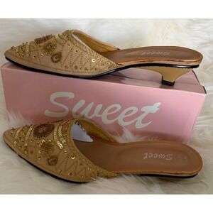 Sweet Women's 9‎ Gold Sequin Beaded Slipper Mules Juttis Mojaris Bridal Festival